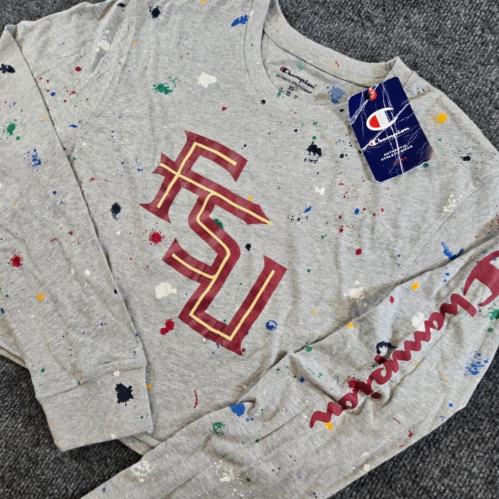 NWT Champion FSU Seminoles Paint Splatter Cropped Long Sleeve Gray XS Y2KGirl